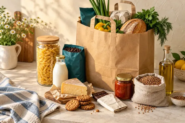 Продуктовая корзина: макароны, молоко, кофе, сыр и продукты к чаю